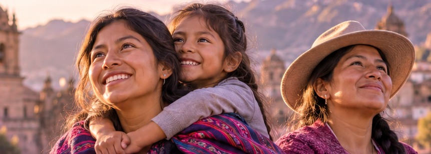 Mujeres peruanas luchadoras y una niña, fotografía de la portada aprobada