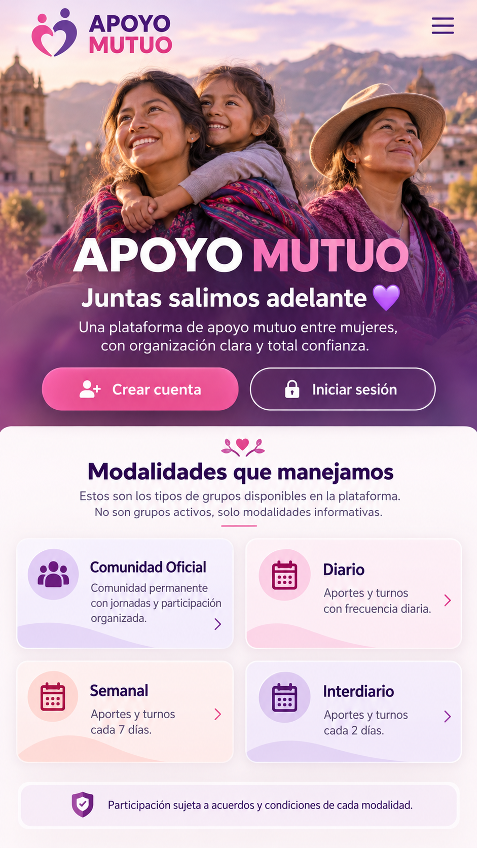 Apoyo Mutuo. Juntas salimos adelante. Mujeres peruanas y modalidades Comunidad Oficial, Diario, Semanal e Interdiario.